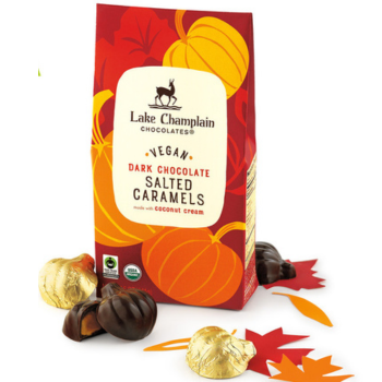 Lake Champlain - Vegan Dark Chocolate Salted Caramels in a fall themed box with leaves and pumpkins