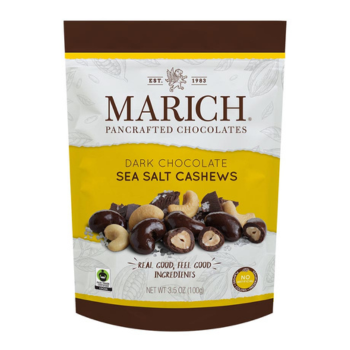 A pouch of Marich's Dark Chocolate Sea Salt Cashews