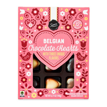 Una caja rosa de corazones de chocolate belga Sam's Choice Fair Trade Certified, especial para San Valentín.