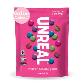 Bright pink resealable bag of Unreal's milk chocolate gem candies. 
