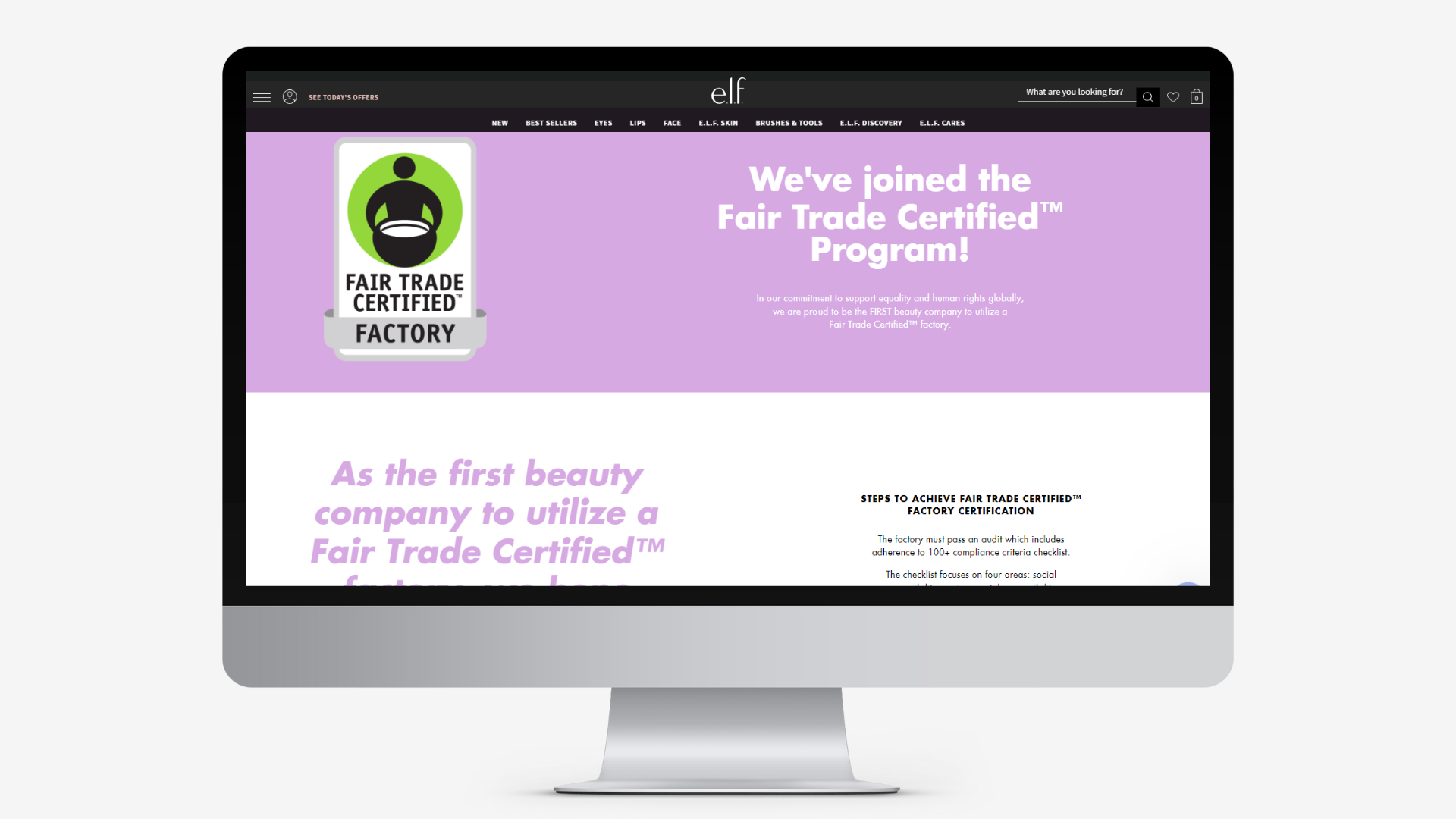 Instantánea del sitio web de e.l.f. Fair Trade Certified