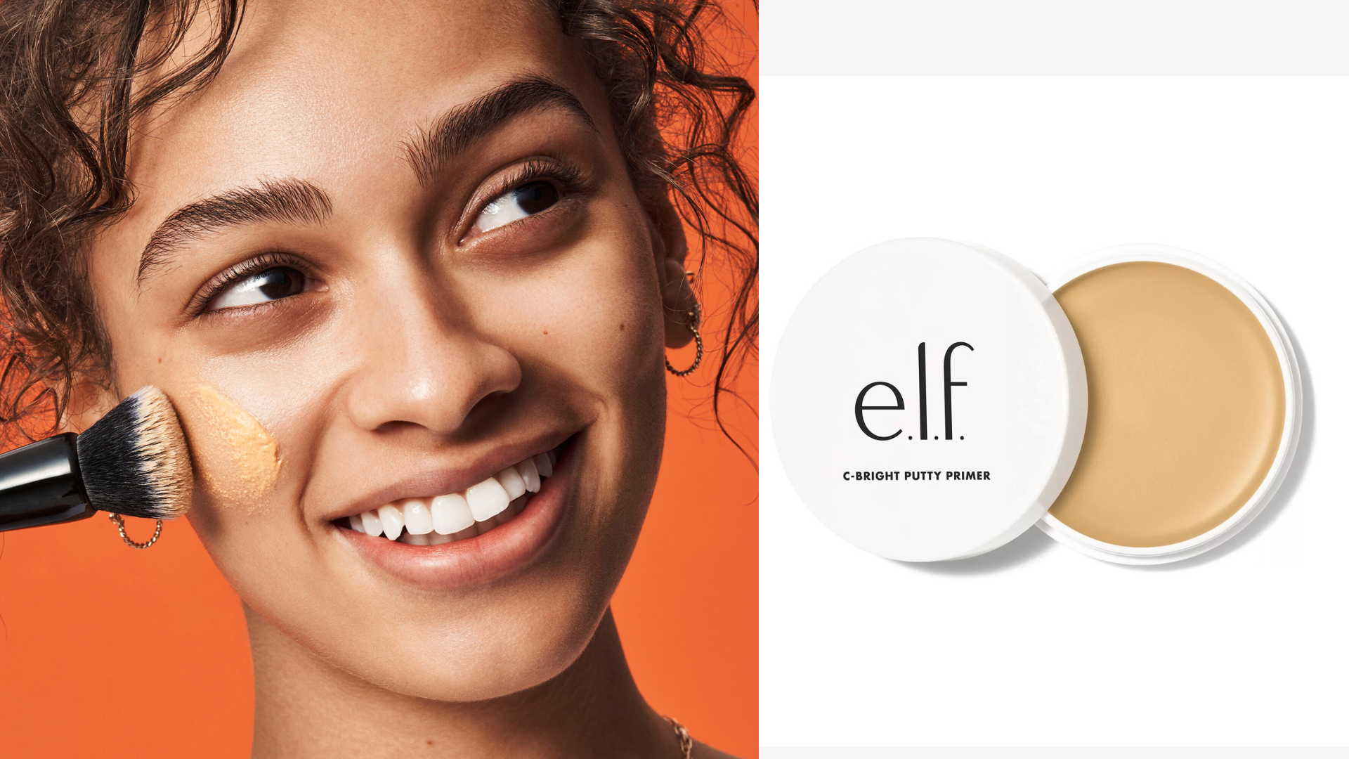 woman using e.l.f's C-Bright Putty Primer Concealer produced in a Fair Trade Certified Factory on left, product image on right