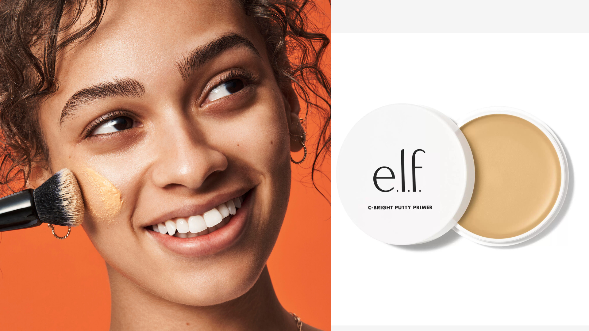 mujer usa el corrector C-Bright Putty Primer de e.l.f producido en una fábrica Fair Trade Certified justo a la izquierda, imagen del producto a la derecha