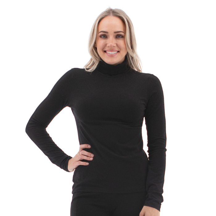 Woman in a black turtleneck from Aventura.