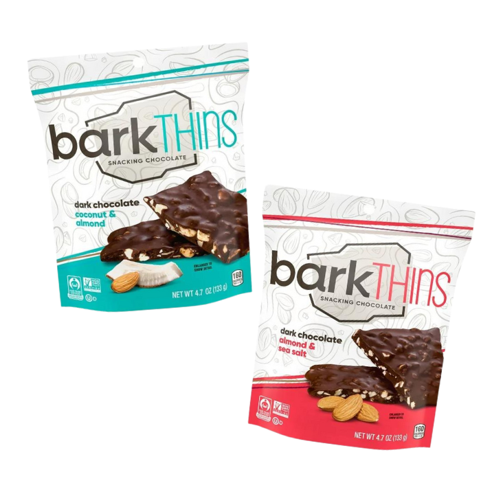 Two bags of chocolate Bark Thins. 