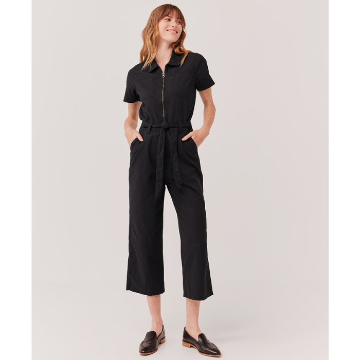Woman wearing prAna -Boulevard Brushed Twill Zip Front Jumpsuit