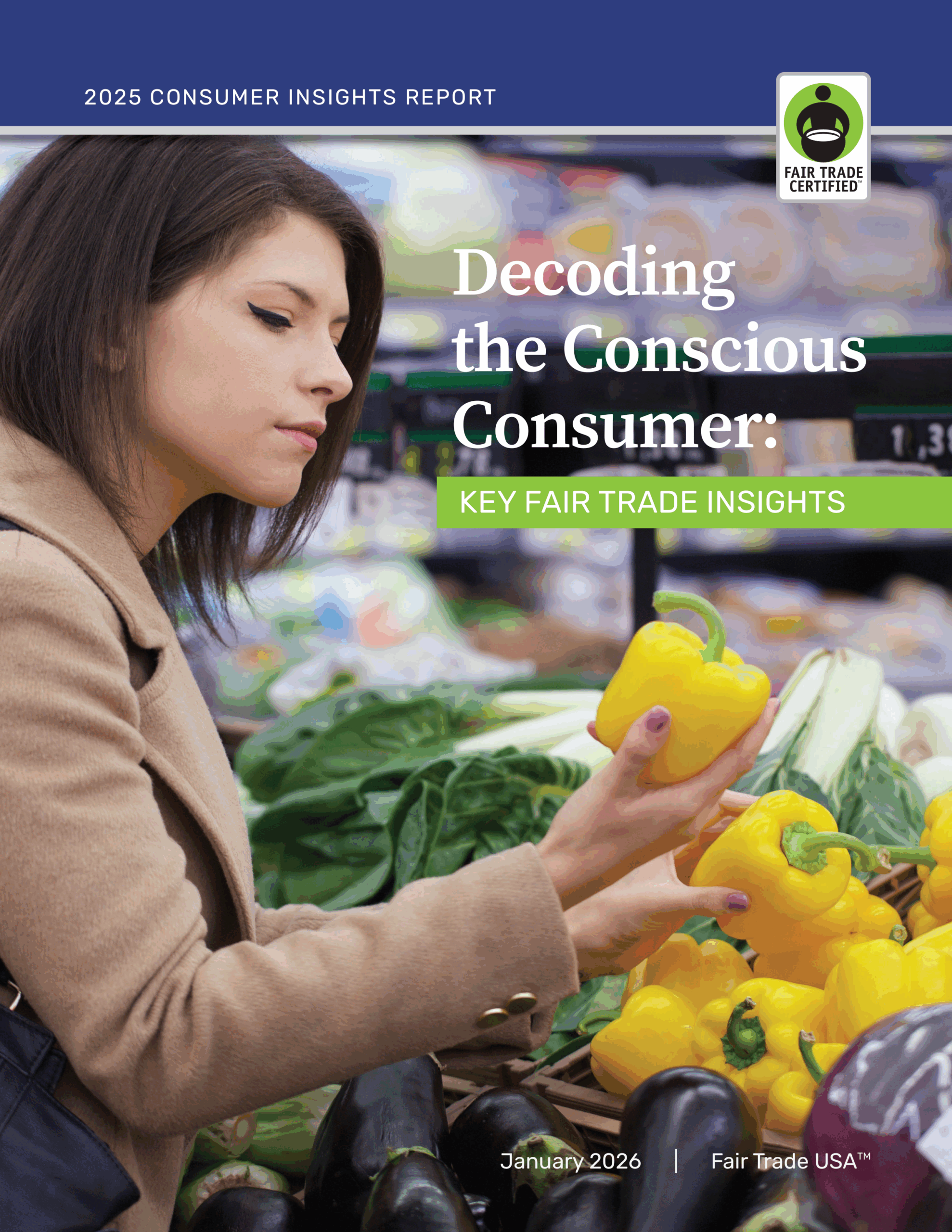The cover photo of Fair Trade USA's 2022 Consumer Insights Report showing a female shopper looking at a shelf of products and comparing prices.